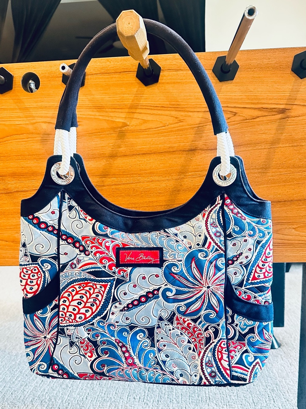 Vera Bradley Red White Blue Paisley Tote Bag Rope Handles Large Shoulder Purse